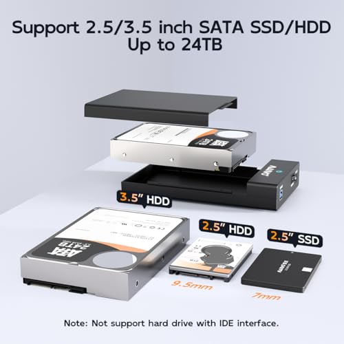 MAIWO External Hard Drive Enclosure for 3.5 2.5 Inch SATA HDD SSD, USB 3.0 to SATA Converter Case Reader with 12V 2A Power Adapter, Tool-Free, Support 24TB HDD & UASP - Thumbnail 3