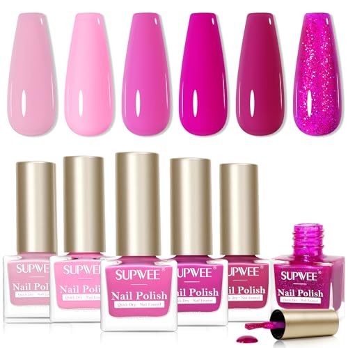 SUPWEE Hot Pink Nail Polish Set, Quick Dry Spring Summer Regular Nail Polish Neon Pink Glitter Fingernail Polish Natural Neutral Nail Lacquer High Glossy Nail Manicure DIY Salon Gift for Women Girl