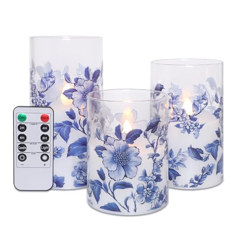 Image of Flameless Candles Glass with Remote Control & Timer Function, Blue and White Porcelain Theme Design, Home Party Wedding Christmas Valentine's Day Decor, Set of 3