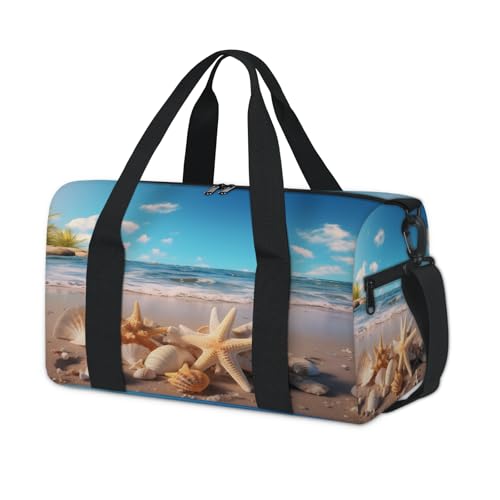 Beach Starfish Shells In Summer Sports Duffle Bag for Women Men Waterproof Overnight Weekender Bag with Adjustable Strap Travel Tote Bags for Beach Yoga Work Dance Swim