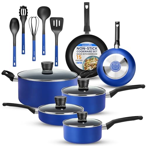 SereneLife 15-Pc Blue Cookware Set - Non-Stick, Heat-Resistant Pots & Pans with Lids, Dishwasher Safe, Includes Matching Utensils
