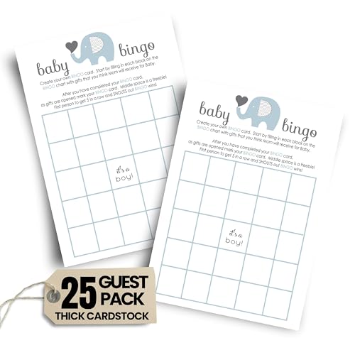 Paper Clever Party Blue Elephant Baby Shower Bingo Game - Blank Cards for Guests to Fill in Gift Guesses - Boys Jungle Animal Theme - 25 Pack