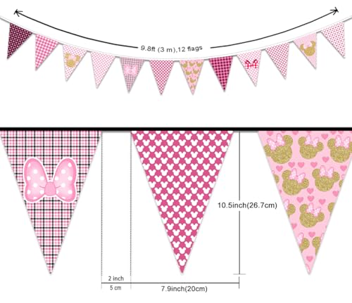 Image of Dis-ney Iconic Minnie Banner Birthday Party Decorations Pink Mouse Bday Banner for Girls, Pink And Gold Minnie Themed Mouse Inspired Happy Bday Decors, Bday Party Yard Sign