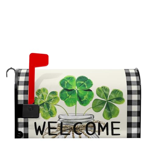 Image of Kawani Happy St. Patrick's Day Leaf Mailbox Covers Magnetic Shamrock Green Mailbox Cover Standard Size 18 X 21 Inch Spring Clovers Holiday Wrap Post Letter Box Decorative for Outdoor Home Garden Yard