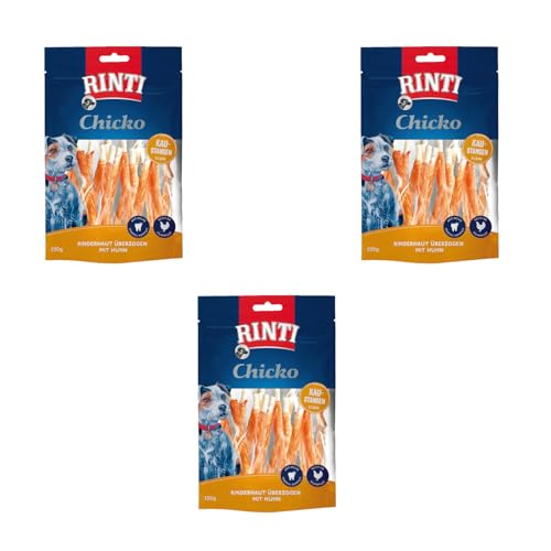 Rinti Chicko Kaustangen klein | 3er Pack | 3 x 150 g | Aus bissfester Rinderhaut mit Hühnerfleisch überzogen | Putzkörperchen auf Mineralstoffbasis | Wiederverschließbar
