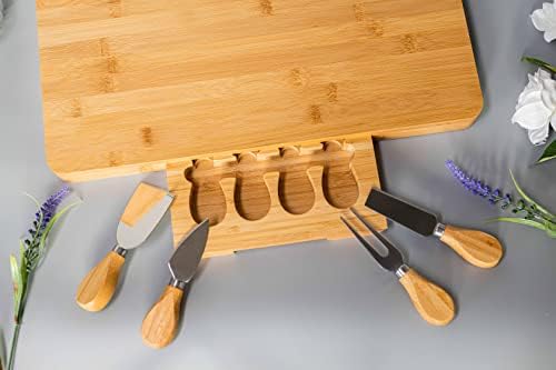 HomeZone Natural Bamboo Cheese Board with Knife Set - Large Eco-Friendly Knives Serving Platter with Knife Drawer Plate Set - Strong Kitchen Serving Tray for Bread, Vegetables or Meats Cutting Surface