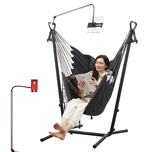 Hammock Chair with Stand, Swing Chair with Phone Holder and Pillow, Adjustable Lounging Chair for Indoor Outdoor Bedroom Patio Garden (Grey) Hammock Chair with Stand, Swing Chair with Phone Holder and Pillow, Adjustable Lounging Chair for Indoor Outdoor Bedroom Patio Garden (Grey)