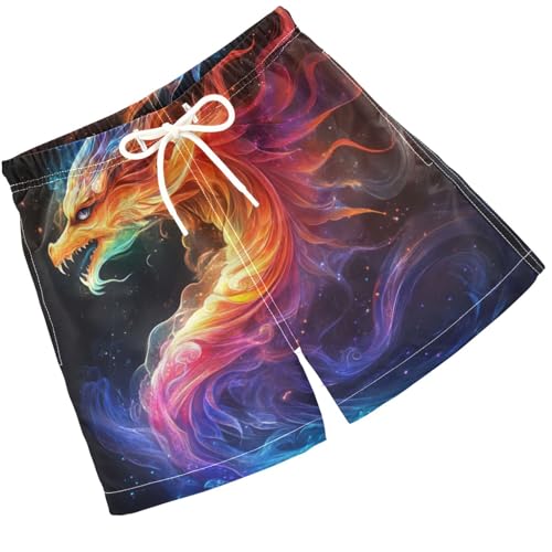 Pigsaly Boys Swim Trunks Fiery Rainbow Dragon Black Galaxy Boys Board Shorts Swimsuit Swimwear Summer Bathing Suit XS