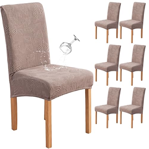 Image of Genina Waterproof Dining Chair Cover Set of 6,Large Chair Slipcover,Taupe | Stretch Dining Room Chair Slipcovers with Leaf Jacquard,Removable Kitchen Chair Protector for Home,Restaurant,Banquet