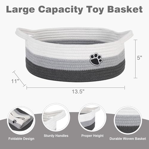 Image of Optish Dog Toy Basket, Toy Box and Bin for Dog Cat Storage, 13.5 inch X 11 inch X 5 inch Small Woven Rope Basket for Baby Storage, Closet, Living Room, White & Grey