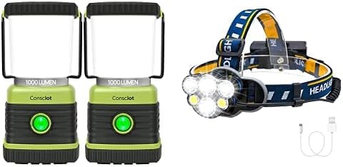 Consciot 1000LM Battery Powered LED Camping Lantern 2 Pack & 1000LM LED Headlamp Rechargeable with 6 LEDs 8 Light Modes