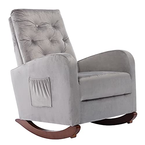 Merax Grey Modern Mid-Century Tufted Chair Comfy Fabric Nursery Rocking Armchair With Side Pocket For Living Room Bedroom, Set Of 1 #TOP3