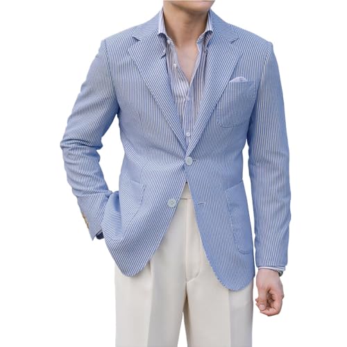 Leisure Seersucker Men Summer Suits Jacket Blue Formal Regular Fit Blazer Breathable Outfit