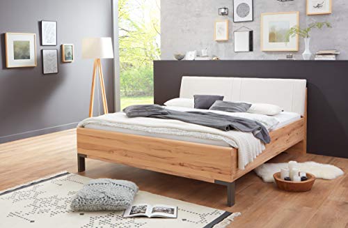 WIEMANN Livorno Bett, Doppelbett, Bettgestell 200 x 200 cm, Astkern Buche, Futonbett, Komforthöhe, Kopfteil gepolstert, champagner, creme
