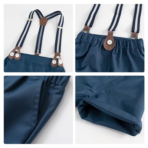 Volunboy Baby Jungen Anzug, Kurzarm Hemd mit Fliege + Hosenträger Shorts Strampler Sommer Bekleidung Set（Blau Marine，12-18 Monate，Größe 80）