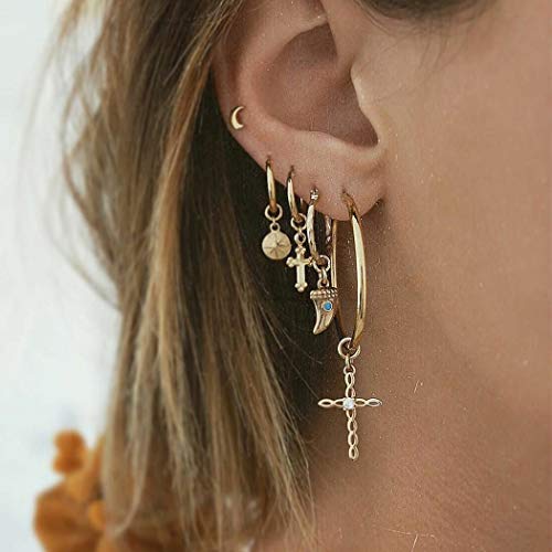 Multiple Piercings Cross Big Hoop Moon Star Rhinestone Multiple Stud Earrings set for Women Girls Fashion Elegant Stud Earrings with Charms.