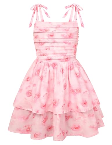 GRACE KARIN Girls Casual Summer Floral Dresses Sleeveless Flared Ruched Beach Sundress Age 7-14 Years Pink Rose 10 Years