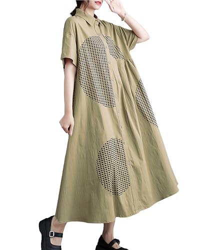 Image of ellazhu Women's Short Sleeves Button Down Patchwork Pattern Print Shirt Dress GZ151