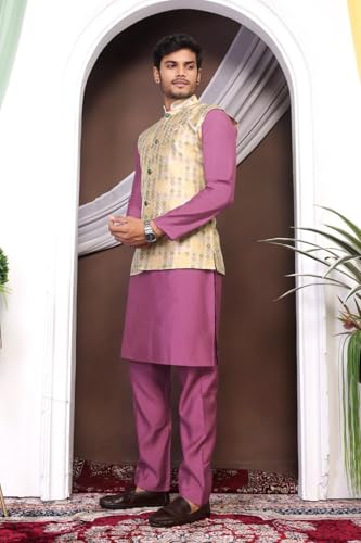 Men's Traditional Kurta Pajama with Sleeveless Printed Nehru Jacket Indian Ethnic Outfit for Wedding Festival 82