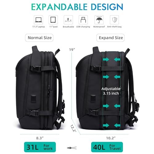 Image of TANGCORLE Carry on Backpack for Women Men 40L Flight Approved Travel Backpack Fit 17 Inch Laptop with USB Charging Expandable Business Weekender