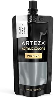 ARTEZA Acrylic Paint, Silver, 120 ml Pouch, Rich Pigment, Non-Fading, Non-Toxic Paint for Artists & Hobby Painters, Art Supplies for Canvas Painting