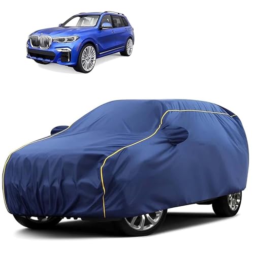 Image of Sulfar 100% Water Resistant Car Body Cover Compatible with Mirror for BMW X7 (Triple Stitched, Full Bottom Elastic, Blue Tafetta with Yellow Piping)