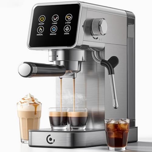 AMZCHEF Espresso Coffee Machines with 20 Bar Pressure Self-Cleaning & Memory Function LED Touch Screen Compact Coffee Machine with Milk Frother for Home Metallic Silver