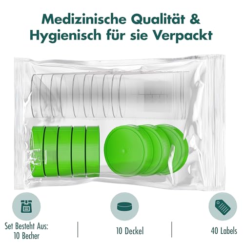 Theracaso Probenbecher Set – 10 Stück à 125 ml – inkl. 40 Etiketten - Auslaufsichere Urinbecher mit Schraubdeckel, graduiert bis 100ml – Für Küche, Basteln, Medizin, Urinproben -beschriftbar