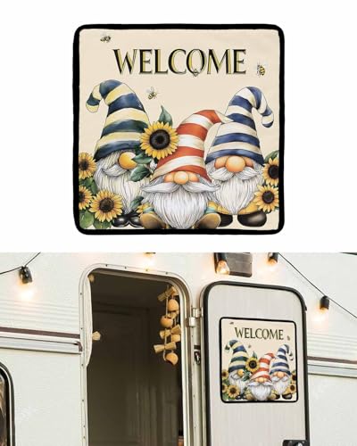 LEOKOTI RV Door Window Shade, Sunflower Gnomes Blackout RV Window Shades Foldable, Yellow Summer Botanical Striped Bee Vintage Privacy Insulation Car Covers 16