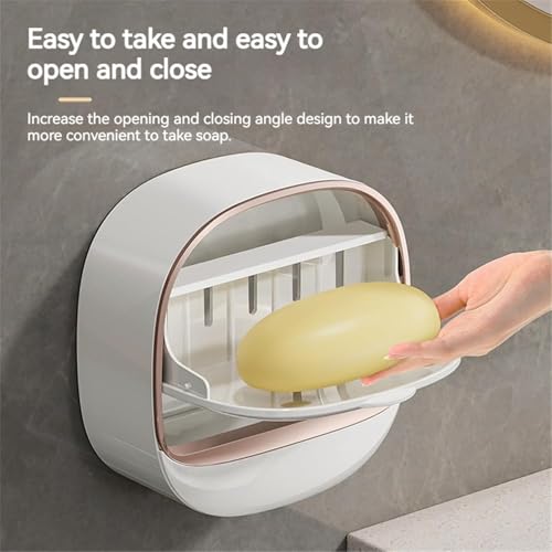 Image of Wall Mounted Soap Holder with Lid | Self-Draining Soap Case for Bathroom & Kitchen | No Drilling Soap Dish with Dust-Proof Cover (Pack of 2, Wall Mounted Soap Dish Holder)(White)
