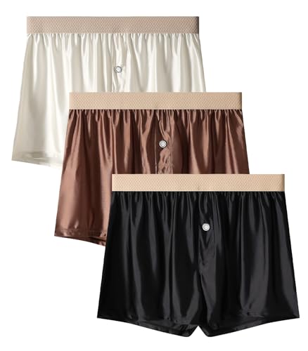 KEOYA Men's Satin Boxers Shorts Silk Boxers Soft Sleep Underpants Cooling Lounge Homewear with Button Fly Off-White Grey Brown XL