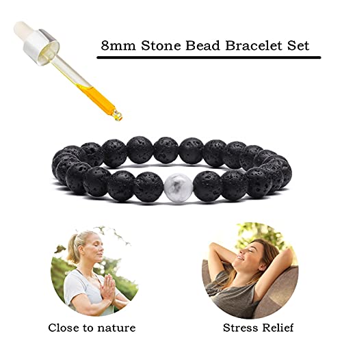 Mengpa Mens Beaded Bracelets Couples Matching Bracelet Set Lava Rock Beads For Women Stone Jewelry (Howlite-White) Us4163E #TOP2
