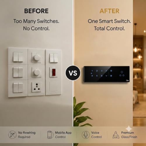 Image of Olira Smart Touch Switch, 6 Light Load with Fan Speed Control, Black | Wi-Fi Enabled, Master Switch, 6A Socket, Fan Load Control, Glass Finish Panel