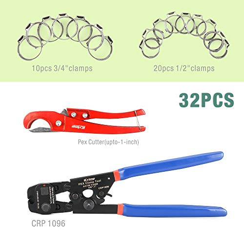 iCrimp Ratchet PEX Cinch Tool with Removing function for 3/8 to 1-inch Stainless Steel Clamps with 20PCS 1/2-inch and 10PCS 3/4-inch PEX Clamps and Pex Pipe Cutter- All in One