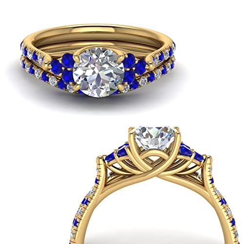 Image of Choose Your Gemstone Round Cut Petite Cathedral Wedding Ring Set Yellow Gold Plated Round Shape Wedding Ring Sets Matching Jewelry Wedding Jewelry Easy to Wear Gifts US Size 4 to 12