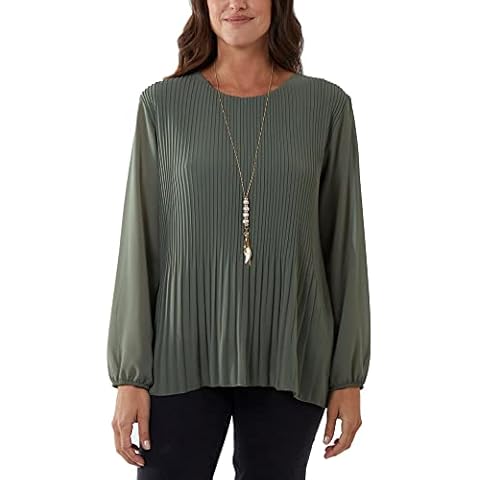 WANT CLOTHING Ladies Loose FIT Lined Chiffon Front Pleated Blouse TOP with Free Pendant Necklace - Fuchsia Grey Blue Coral Lemon Black Green Peach - Sizes 10-12 - 14-16 (L-XL, Khaki Green) Cover