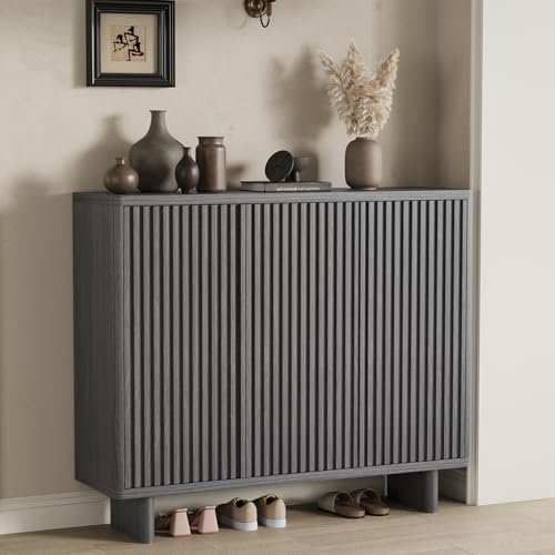 Garvee 46 Inch Shoe Cabinet with Fluted Door, 5-Tier Storage with 4 Adjustable Shelves, Rustic Entryway Shoe Bench for Hallway, Gray, Grey, 46"
