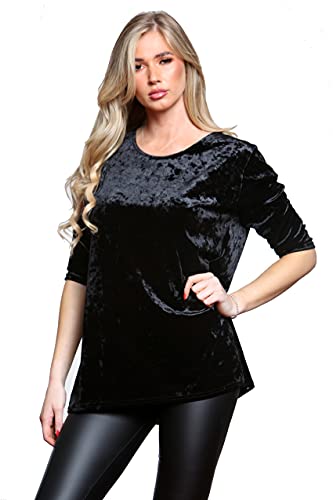 H&F Women Ladies ¾ Sleeve Crush Velvet V Neck T Shirt Stretch Top Sizes 14-28 (Black, 14)