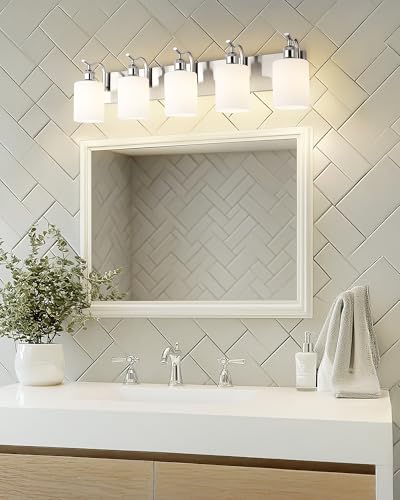 Image of 5 Light Bathroom Vanity Light, Brushed Nickel Vanity Lights for Morden Bathroom Lighting Fixtures Over Mirror Wall Light Fixtures with Milky White Frosted Shade ZCVL01BNW-5