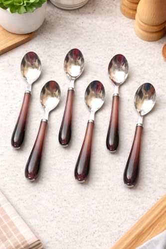 Image of Habib Spoon Set Stainless Steel with Shiny Colors Plastic Handle for Kitchen and Dining Table, Lunch and Dinner Pack of 6 Pcs (Chocolete Color)