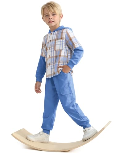 Image of 2Pcs Boys Clothes Sweatsuit Set Hoodie Flannel Plaid Shirt and Jogger Pants for Kids Fall Winter Spring Outfits