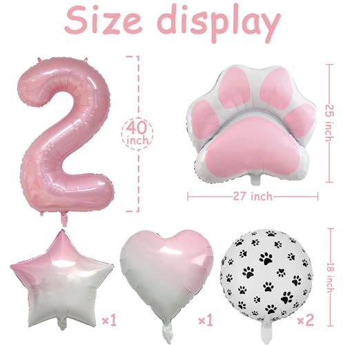 Image of 2nd Birthday Dog Paw Balloons Set,18'' Paw Prints, Heart,Star,Paw Shaped Foil Balloon 40 Inch Pink Number 2 Helium balloons for Puppy Themed Baby Shower Second Birthday Party Decorations Supplies 6PCS