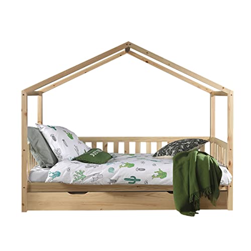 Vipack Dallas 1 Hausbett mit seitlicher Umrandung 90 x 200 cm Liegefläche und Bettschublade, Natur