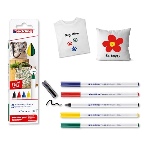 edding 4600 Textilstift - schwarz, rot, blau, grün, gelb - 5 Stück - Rundspitze 1 mm - Textilstifte waschmaschinenfest (60 °C) zum Stoff bemalen - Stoffmalstift