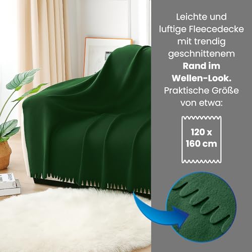 wometo 3er Set Wave Fleecedecken 120x160 cm - Oeko-TEX ca. 300g weiche Fleece Decke mit Wellenrand Anti-Pilling grün