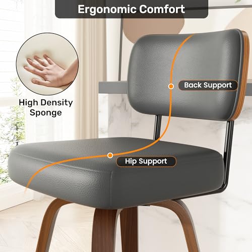 Image of Swivel Bar Stools Set of 4, 26 inch Upholstered Faux Leather Counter Height Barstools with Walnut Back & Bentwood Legs, Mid Century Modern Bar Chairs Island Stools for Kitchen Counter, Dark Grey