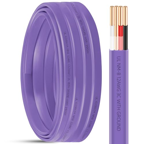 NM-B 12/3 Wire with Ground 25ft 12 Gauge 3 Conductor Electrical Wire 12 AWG Solid Copper Indoor W/G NMB Cable 12/3 Non-Metallic Sheathed Cable Residential Wiring for Outlets Switches Lighting