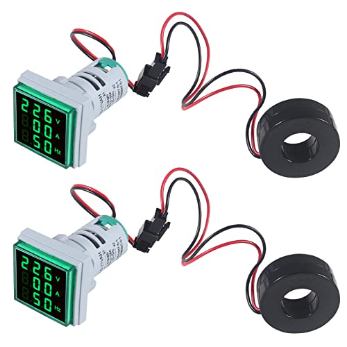 Image of 2PCS 3 in 1 Digital Voltmeter Ammeter Frequency Indicator AC 60-500V 0-100A 20-75Hz 22mm Square Head Multifunction LED Amp Meter Voltage Detector with CT (Green)