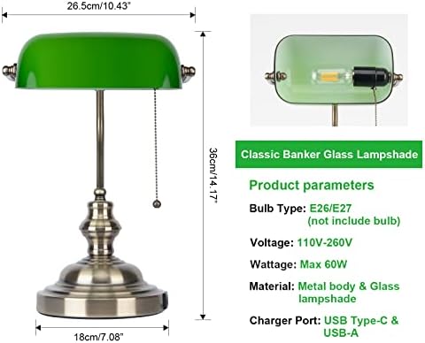 FIRVRE Green Glass Bankers Desk Lamp Reading E27 Classic Retro LED Table Lamp with USB Port Vintage Brass Pull Chain Switch Nightstand Bedside Light for Home Office Bedroom Study