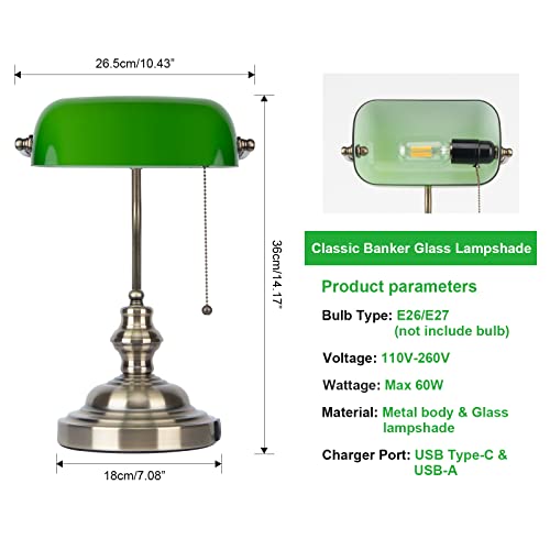 Firvre Green Glass Bankers Desk Lamp With 2 Fast Usb Charging Port Classic Vintage Table Lamp With Pull Chain Switch Plug-In For Bedroom Headboard Workplace Office Piano Style Lamp #TOP5